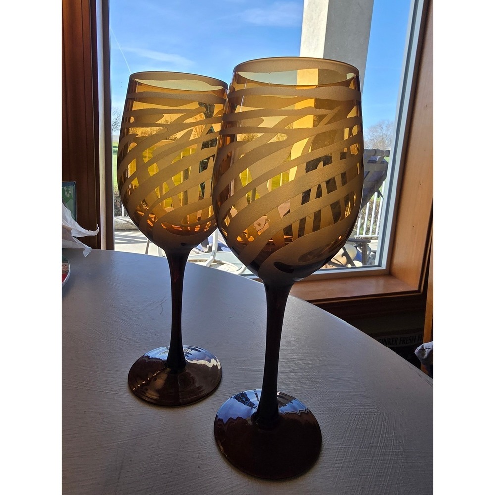 Set of 2 Amber Glass Zebra Print Wine Goblets Frosted Animal Stripe Stemware #2